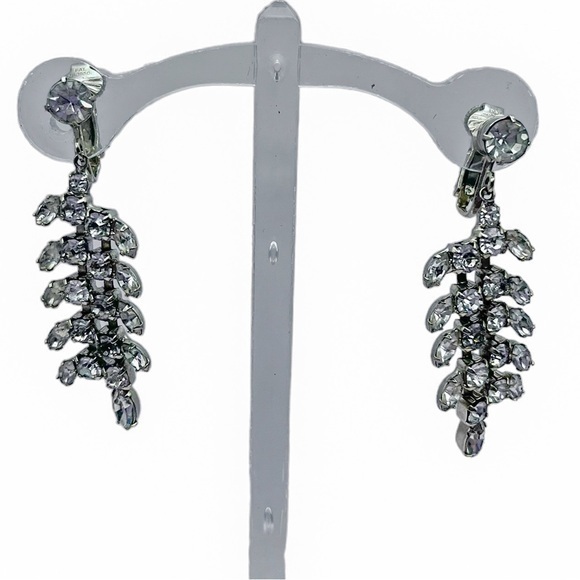 Vintage Bogoff Rhinestone Dangle Earrings Silver Tone Clear Crystal Clip On
